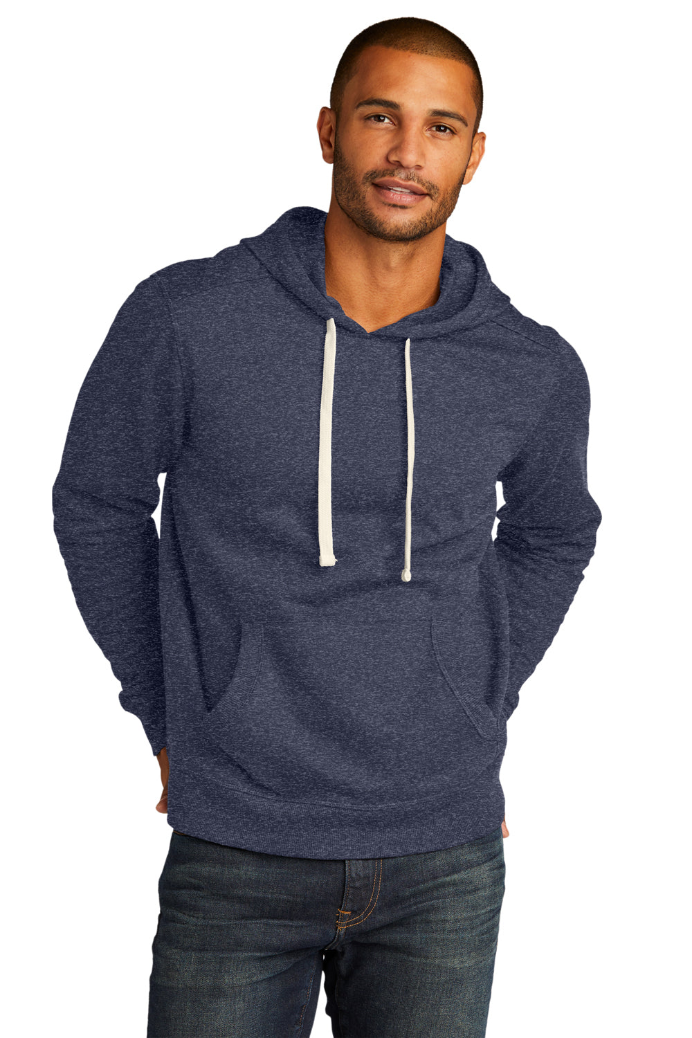 District DT8100 Mens Re-Fleece Hooded Sweatshirt Hoodie Heather Navy Blue Model Front