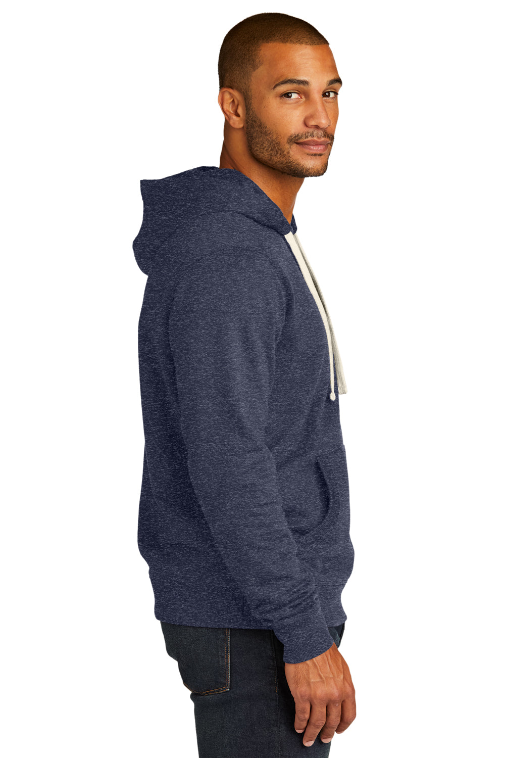 District DT8100 Mens Re-Fleece Hooded Sweatshirt Hoodie Heather Navy Blue Model Side