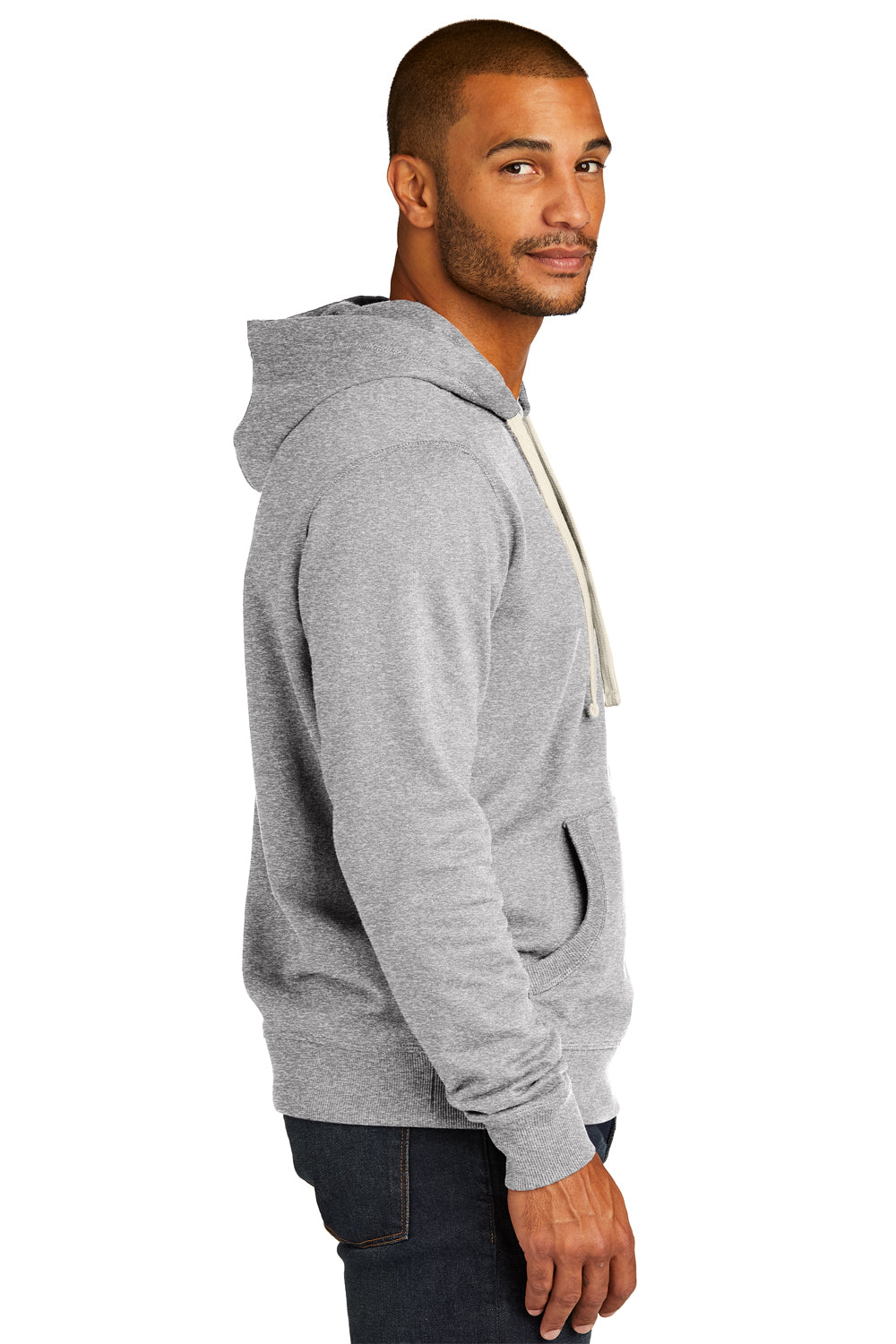 District DT8100 Mens Re-Fleece Hooded Sweatshirt Hoodie Heather Light Grey Model Side