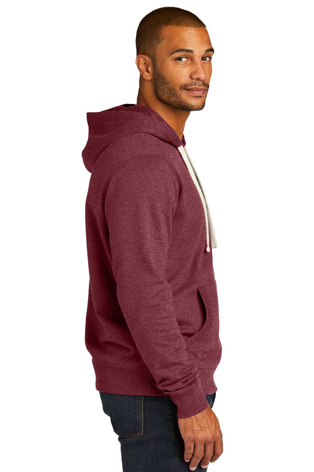 District DT8100 Mens Re-Fleece Hooded Sweatshirt Hoodie Heather Maroon Model Side