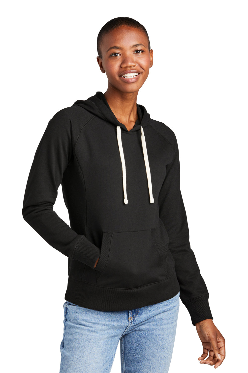 District DT8101 Womens Re-Fleece Hooded Sweatshirt Hoodie Black Model Front