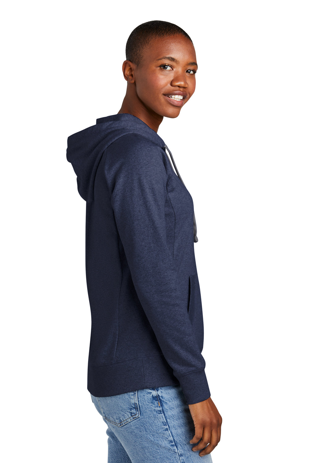 District DT8101 Womens Re-Fleece Hooded Sweatshirt Hoodie Heather Navy Blue Model Side