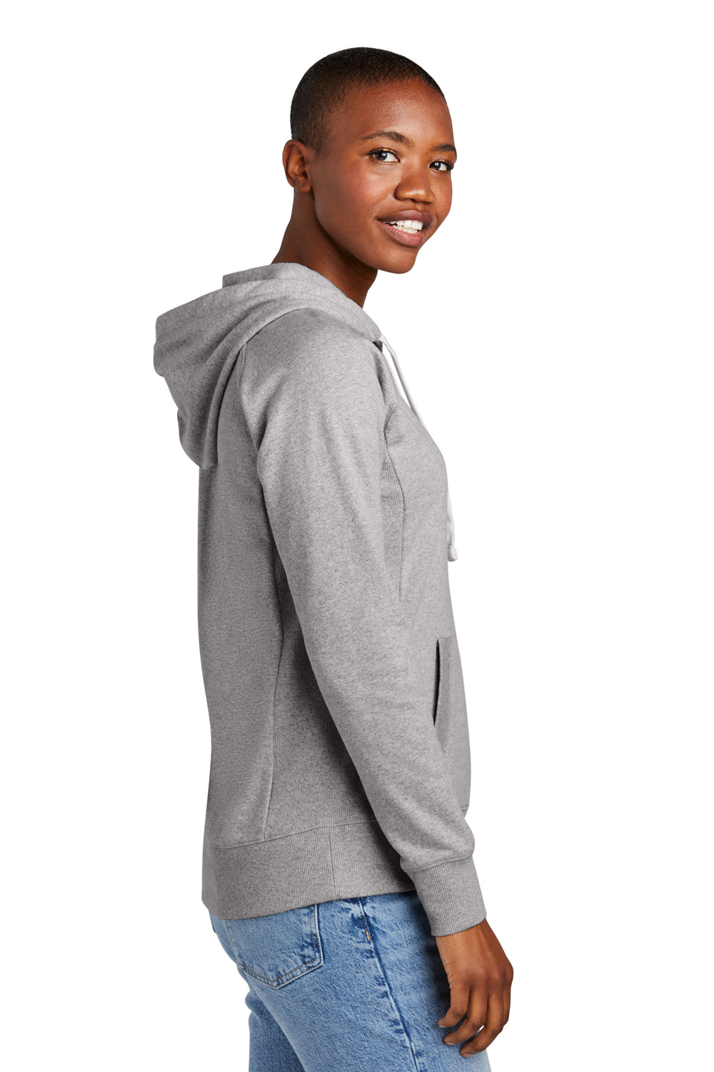 District DT8101 Womens Re-Fleece Hooded Sweatshirt Hoodie Heather Light Grey Model Side