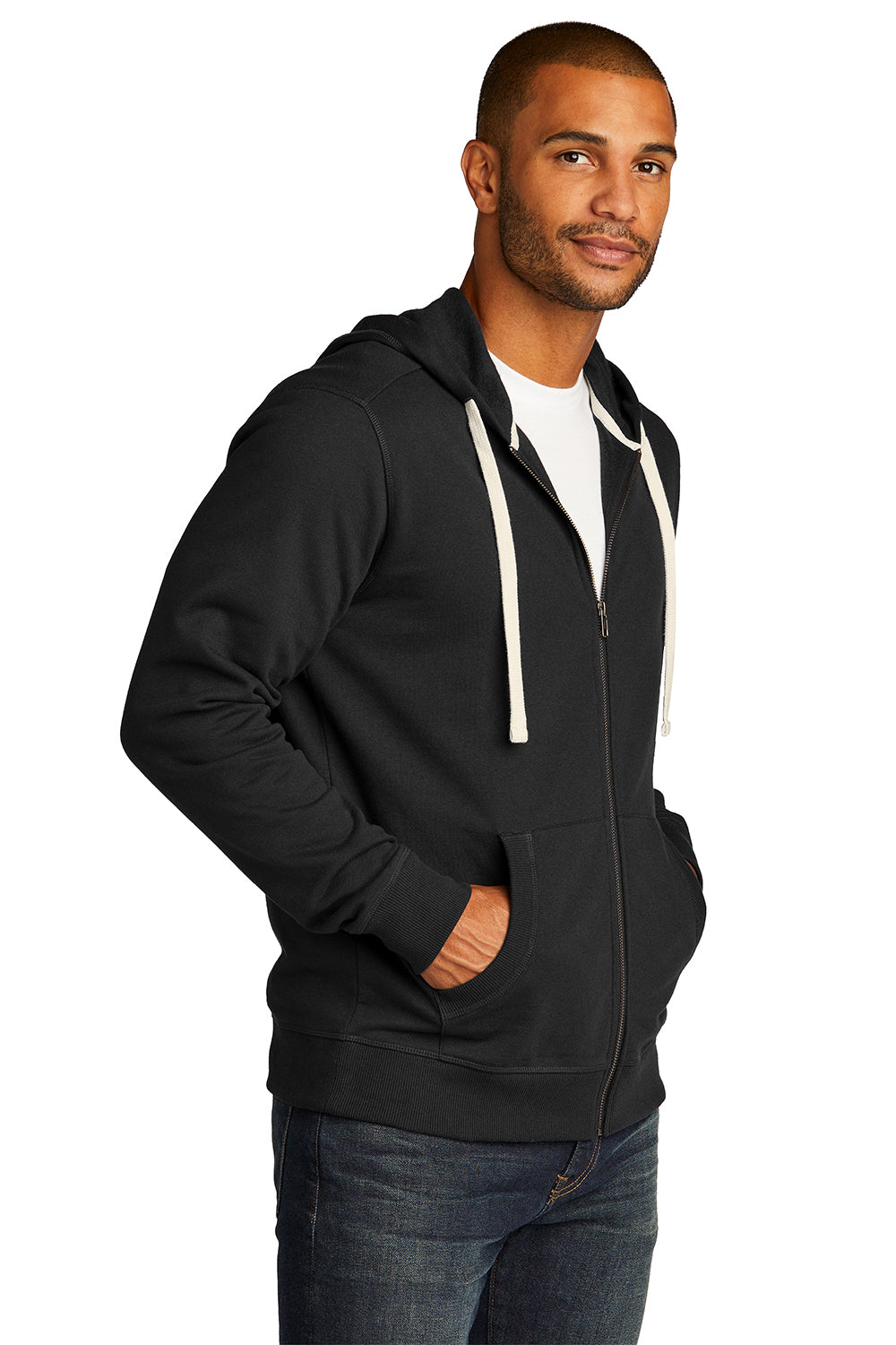 District DT8102 Mens Re-Fleece Full Zip Hooded Sweatshirt Hoodie Black Model 3q