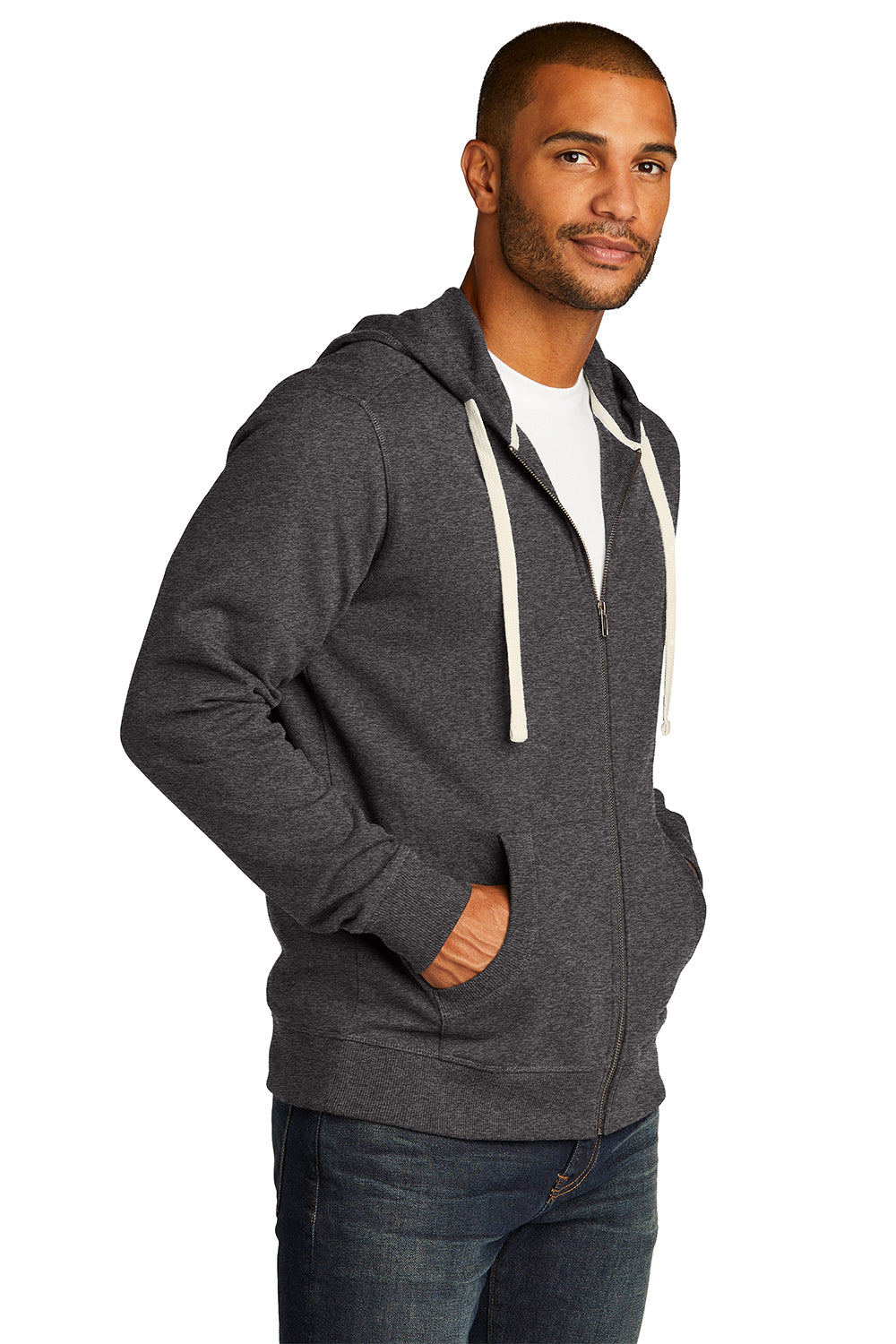 District DT8102 Mens Re-Fleece Full Zip Hooded Sweatshirt Hoodie Heather Charcoal Grey Model 3q