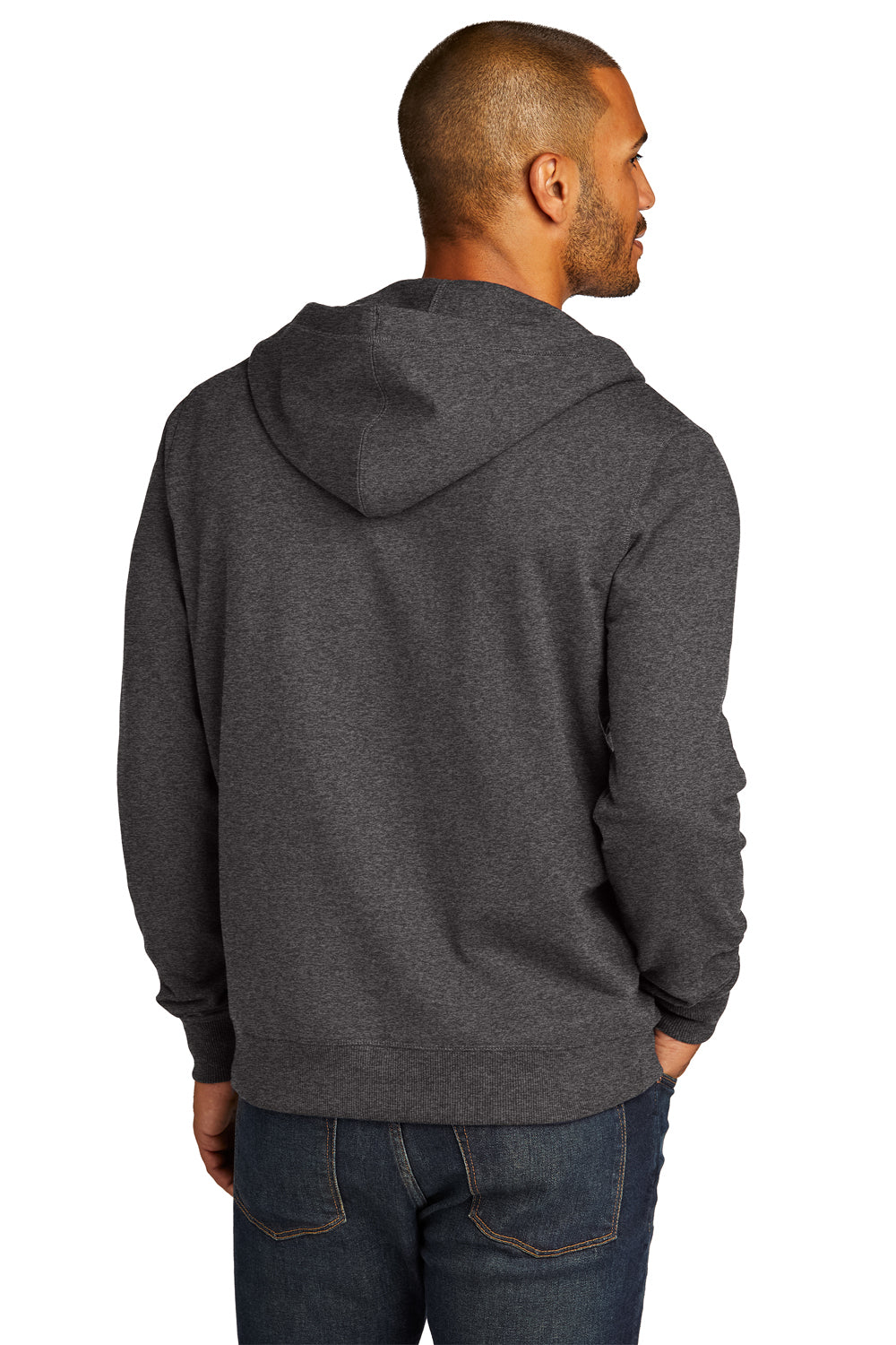 District DT8102 Mens Re-Fleece Full Zip Hooded Sweatshirt Hoodie Heather Charcoal Grey Model Back