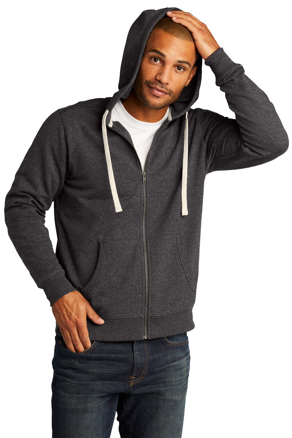 District DT8102 Mens Re-Fleece Full Zip Hooded Sweatshirt Hoodie Heather Charcoal Grey Model Front