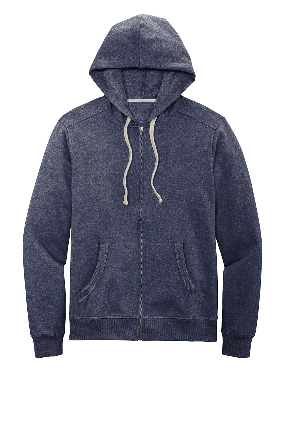 District DT8102 Mens Re-Fleece Full Zip Hooded Sweatshirt Hoodie Heather Navy Blue Flat Front