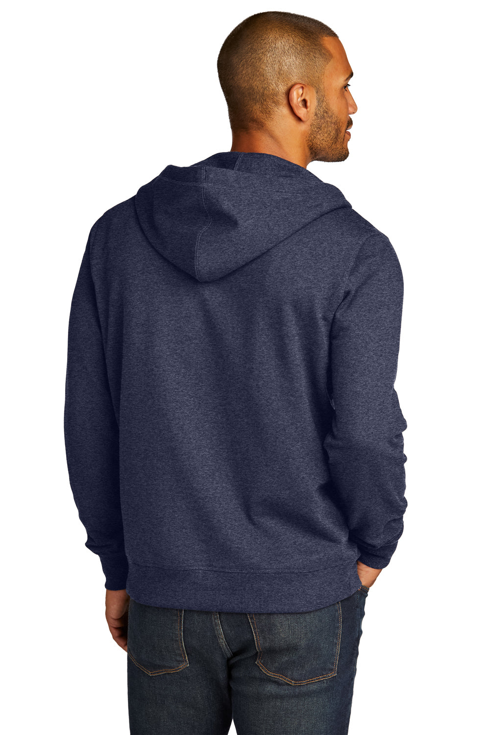 District DT8102 Mens Re-Fleece Full Zip Hooded Sweatshirt Hoodie Heather Navy Blue Model Back