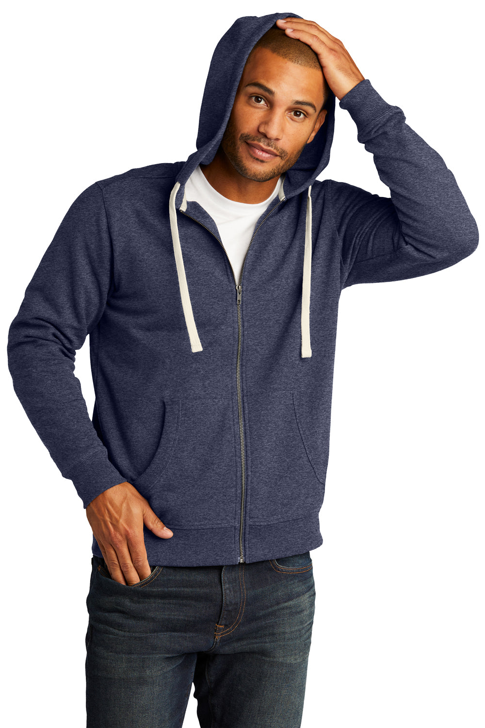 District DT8102 Mens Re-Fleece Full Zip Hooded Sweatshirt Hoodie Heather Navy Blue Model Front