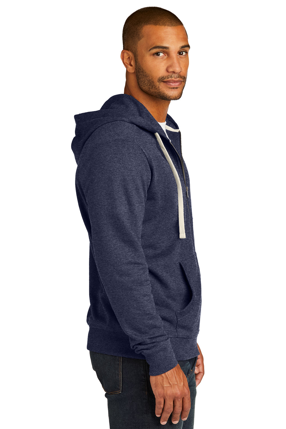 District DT8102 Mens Re-Fleece Full Zip Hooded Sweatshirt Hoodie Heather Navy Blue Model Side