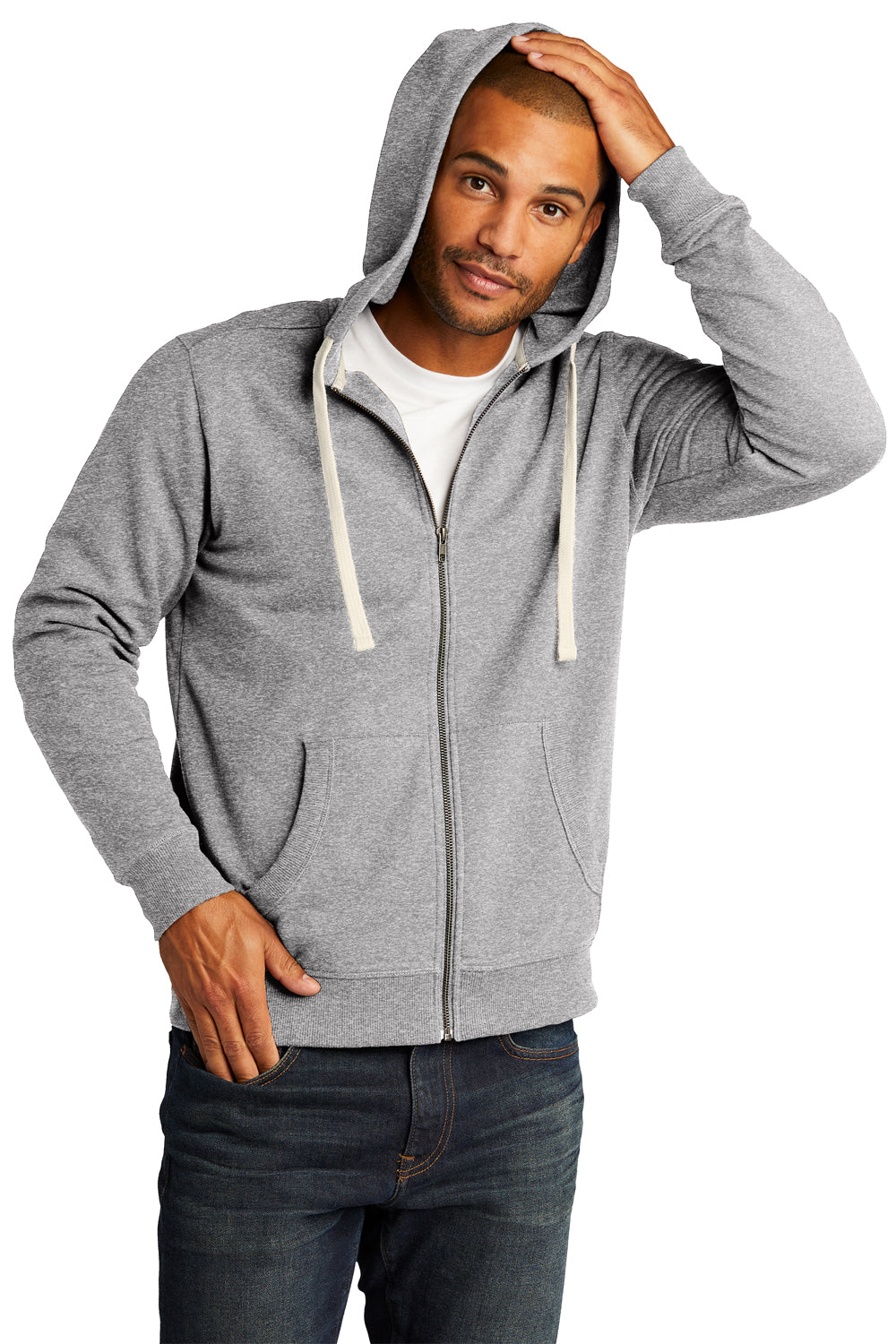 District DT8102 Mens Re-Fleece Full Zip Hooded Sweatshirt Hoodie Heather Light Grey Model Front