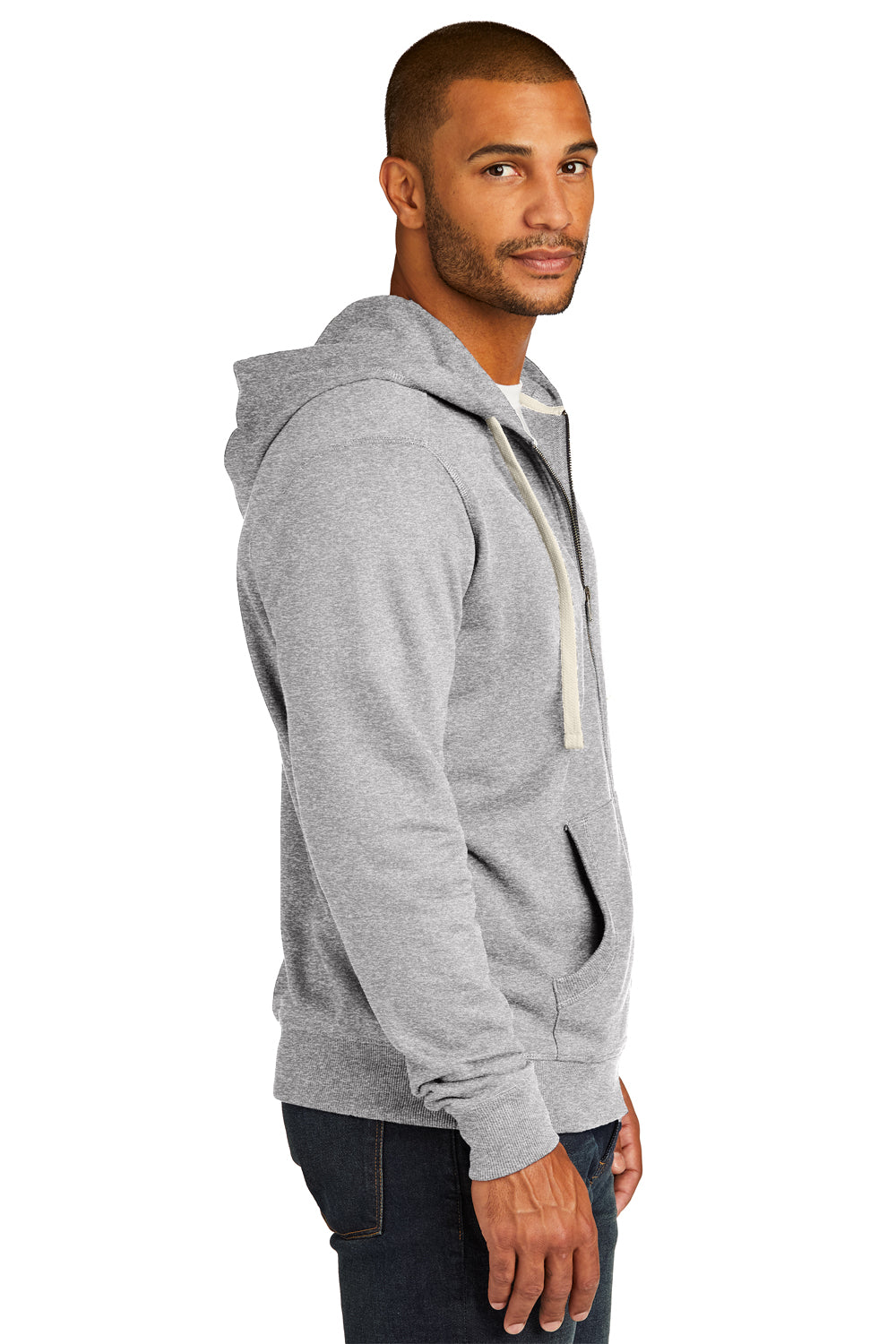 District DT8102 Mens Re-Fleece Full Zip Hooded Sweatshirt Hoodie Heather Light Grey Model Side