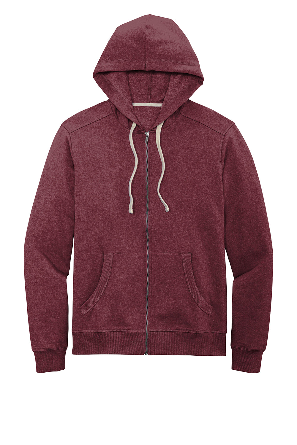 District DT8102 Mens Re-Fleece Full Zip Hooded Sweatshirt Hoodie Heather Maroon Flat Front