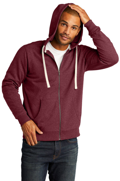 District DT8102 Mens Re-Fleece Full Zip Hooded Sweatshirt Hoodie Heather Maroon Model Front