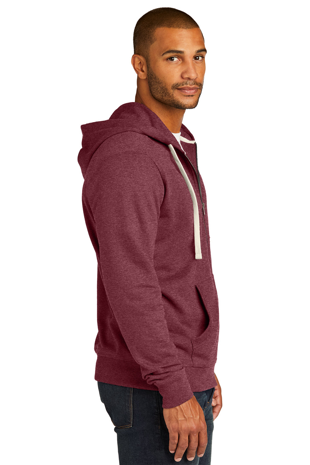 District DT8102 Mens Re-Fleece Full Zip Hooded Sweatshirt Hoodie Heather Maroon Model Side