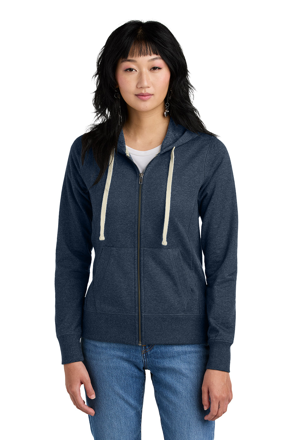 District DT8103 Womens Re-Fleece Full Zip Hooded Sweatshirt Hoodie Heather Navy Blue Model Front