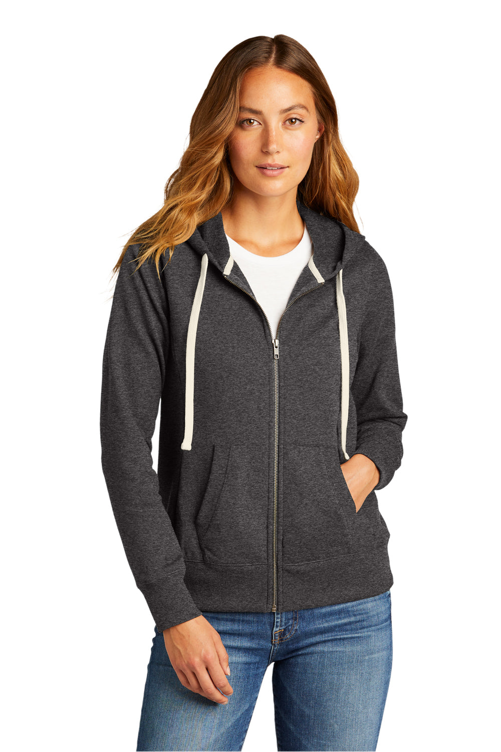 District DT8103 Womens Re-Fleece Full Zip Hooded Sweatshirt Hoodie Heather Charcoal Grey Model Front