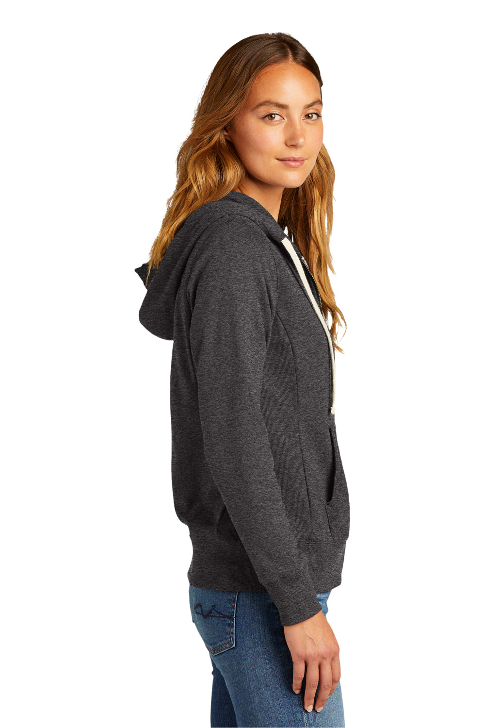 District DT8103 Womens Re-Fleece Full Zip Hooded Sweatshirt Hoodie Heather Charcoal Grey Model Side