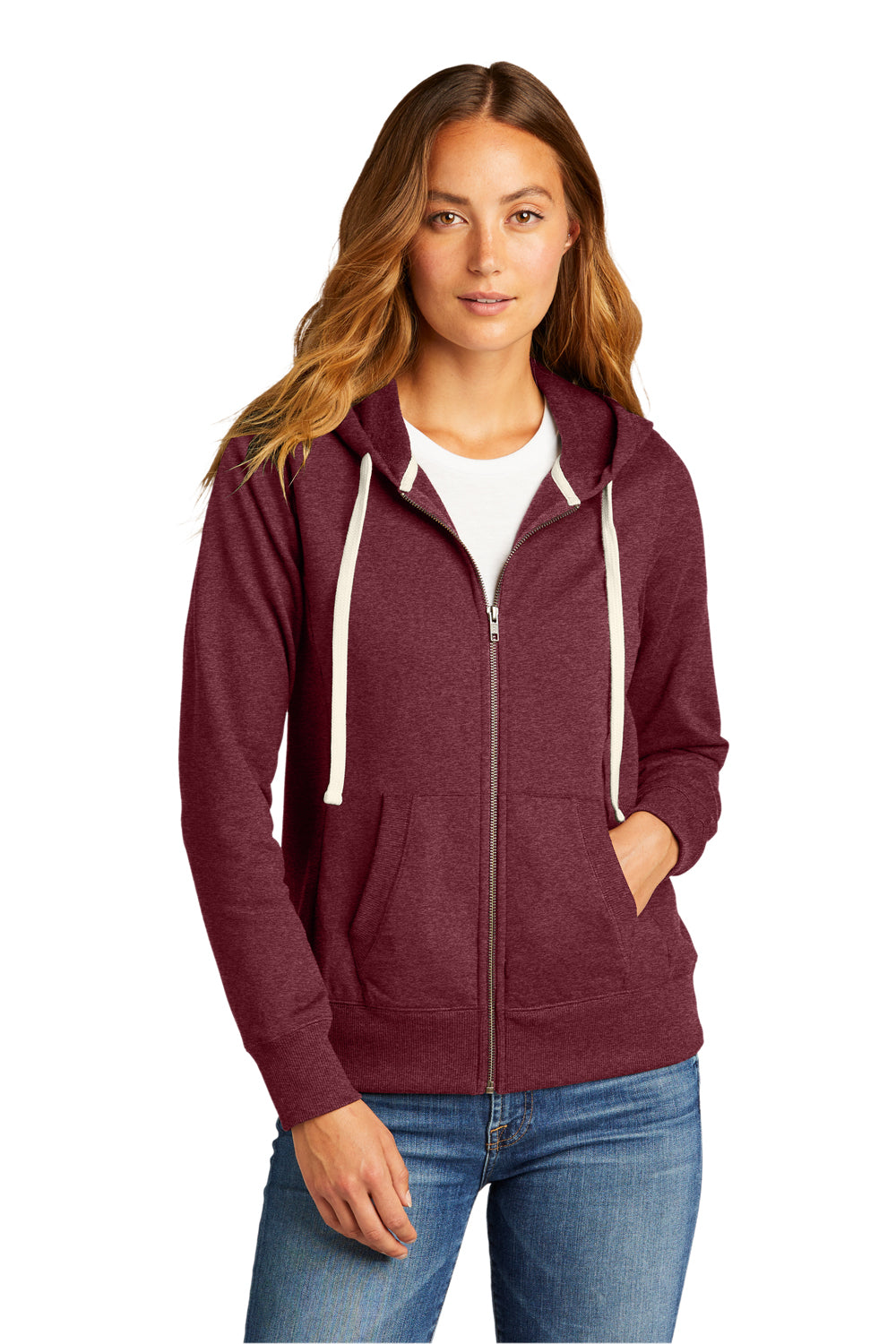 District DT8103 Womens Re-Fleece Full Zip Hooded Sweatshirt Hoodie Heather Maroon Model Front