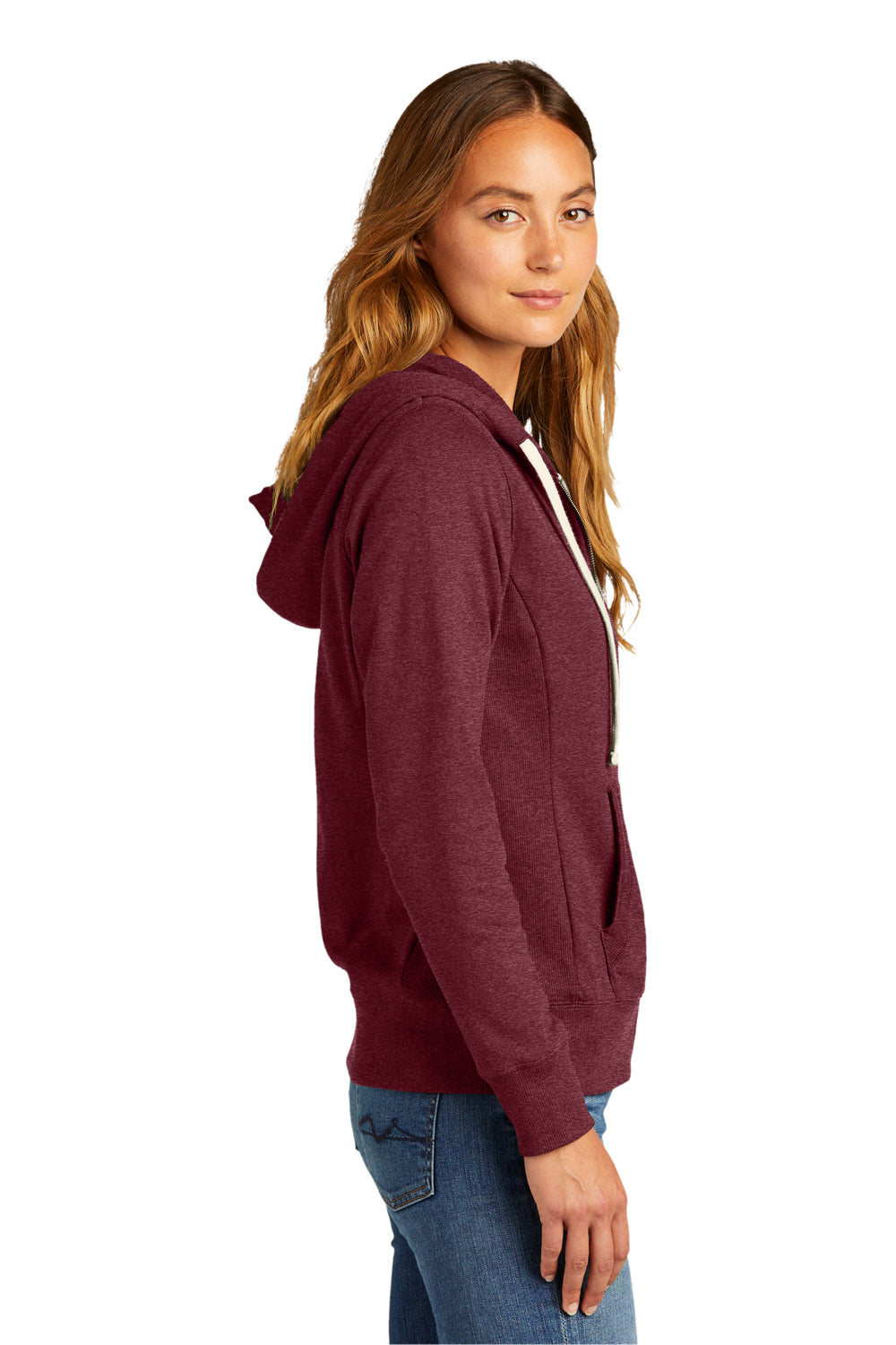 District DT8103 Womens Re-Fleece Full Zip Hooded Sweatshirt Hoodie Heather Maroon Model Side