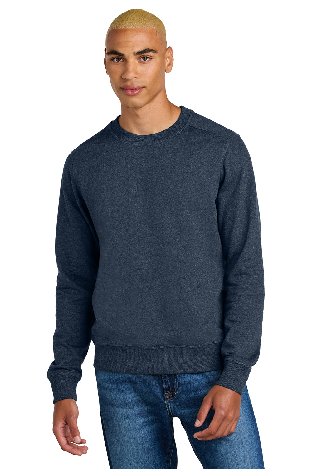 District DT8104 Mens Re-Fleece Crewneck Sweatshirt Heather Navy Blue Model Front