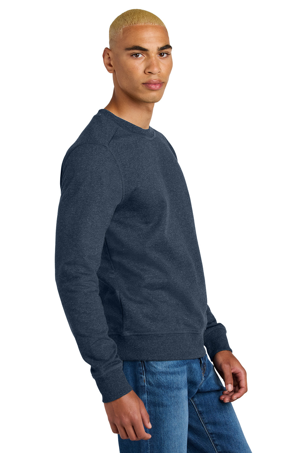 District DT8104 Mens Re-Fleece Crewneck Sweatshirt Heather Navy Blue Model Side