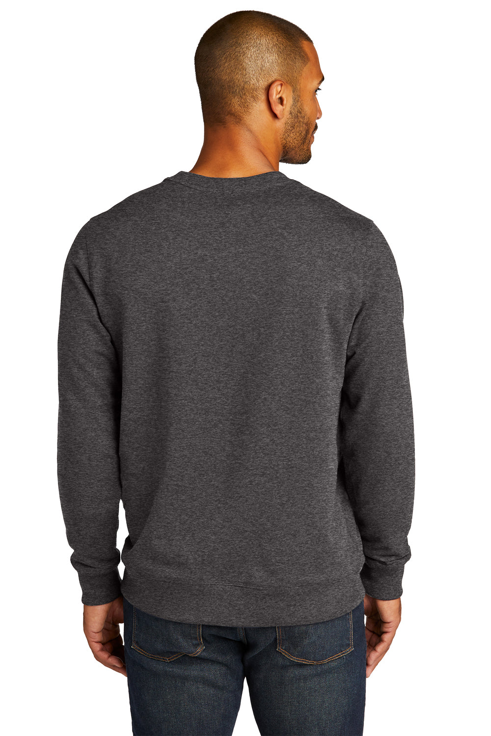 District DT8104 Mens Re-Fleece Crewneck Sweatshirt Heather Charcoal Grey Model Back