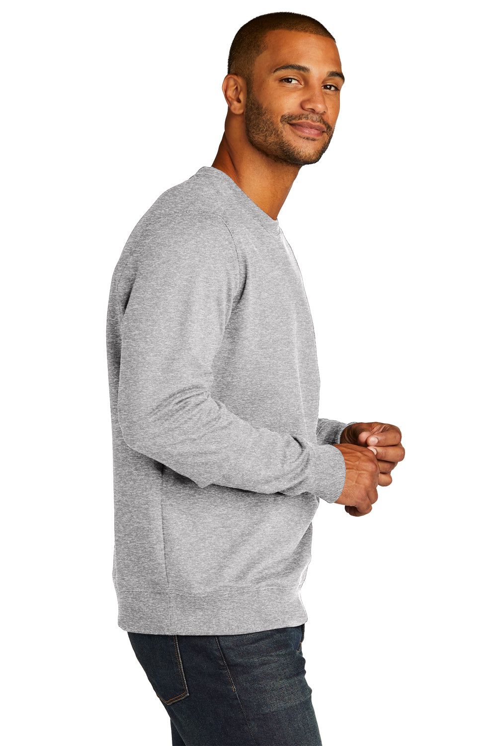 District DT8104 Mens Re-Fleece Crewneck Sweatshirt Heather Light Grey Model Side