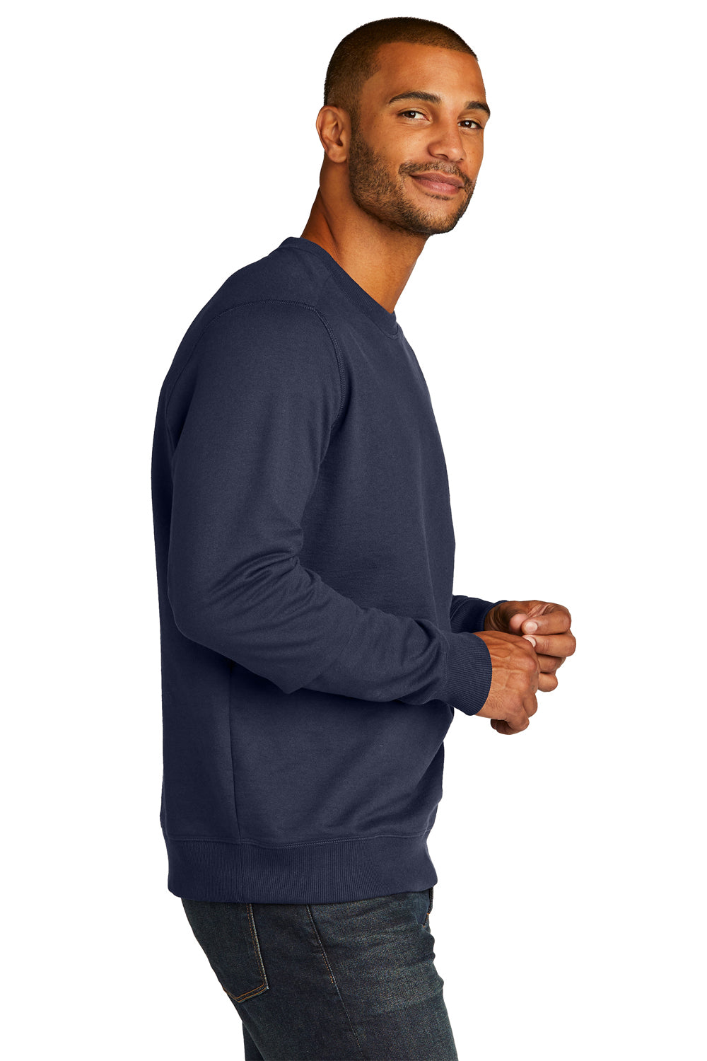 District DT8104 Mens Re-Fleece Crewneck Sweatshirt True Navy Blue Model Side