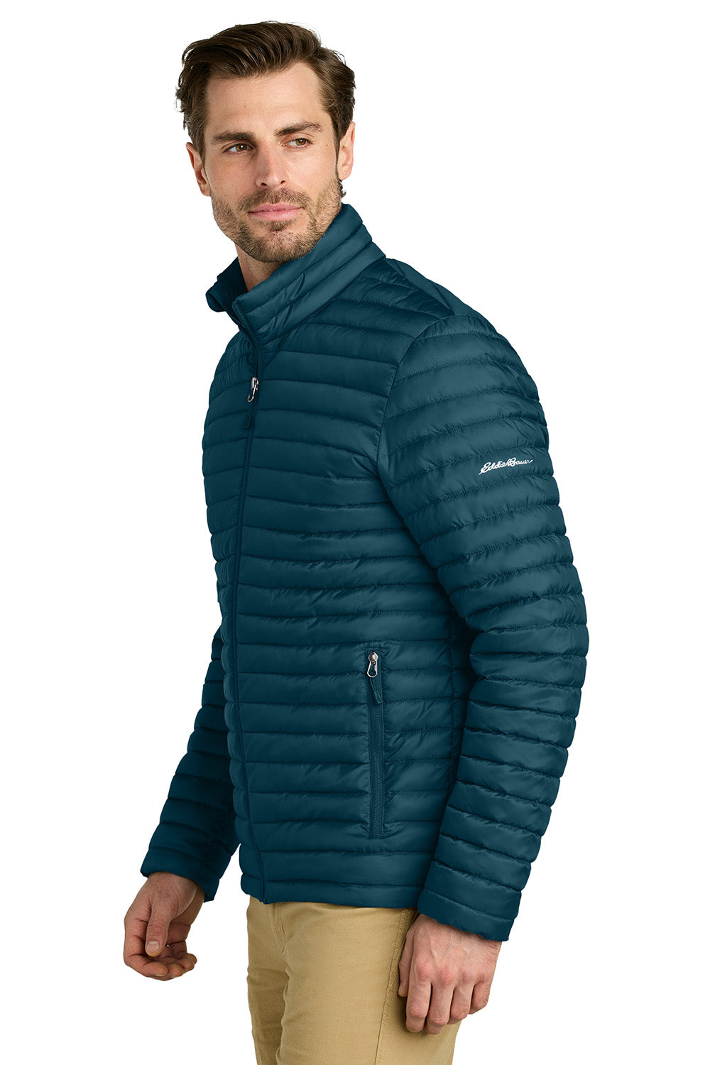 Eddie Bauer EB514 Mens Packable Quilted Full Zip Jacket Adriatic Blue Model Side