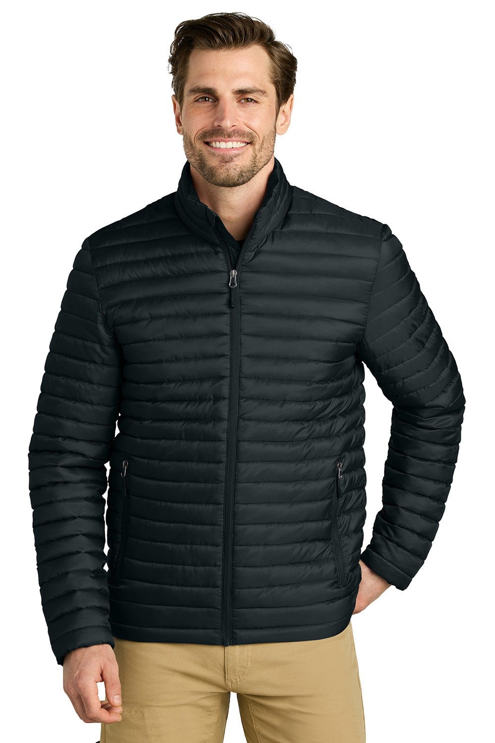 Eddie Bauer EB514 Mens Packable Quilted Full Zip Jacket Black Model Front