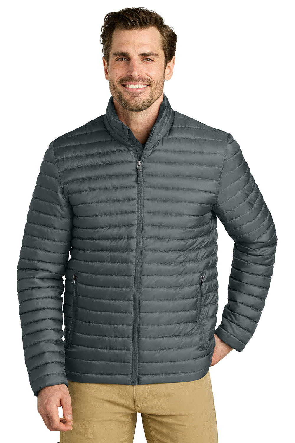 Eddie Bauer EB514 Mens Packable Quilted Full Zip Jacket Metal Grey Model Front