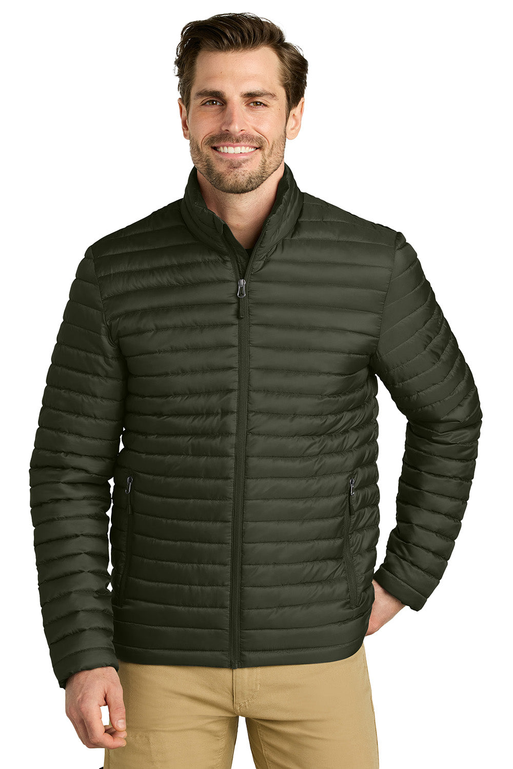 Eddie Bauer EB514 Mens Packable Quilted Full Zip Jacket Olive Green Model Front