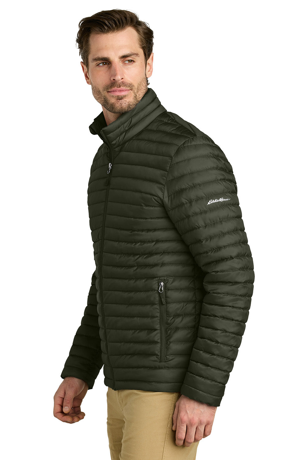 Eddie Bauer EB514 Mens Packable Quilted Full Zip Jacket Olive Green Model Side