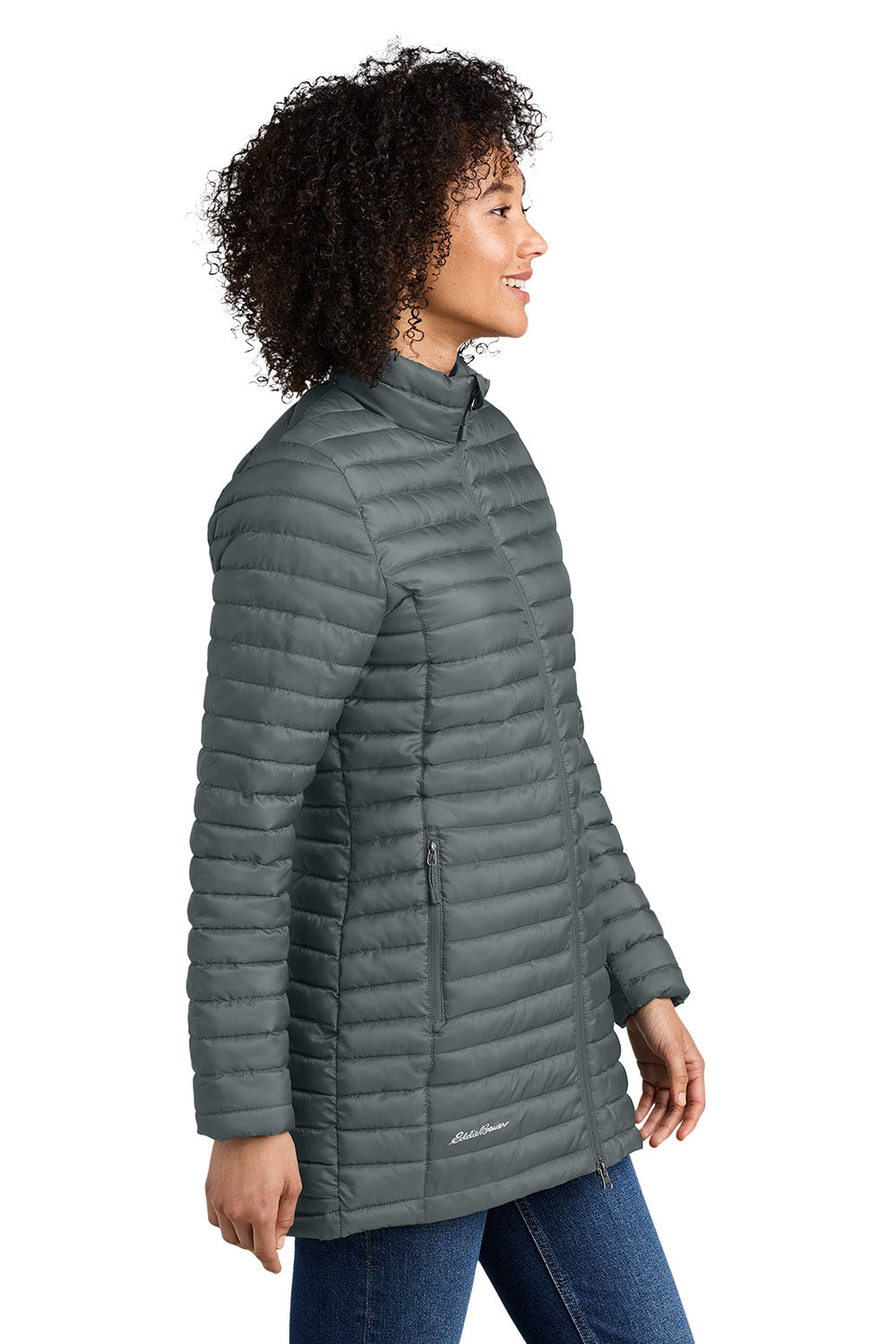 Eddie Bauer EB515 Womens Packable Quilted Full Zip Jacket Metal Grey Model Side