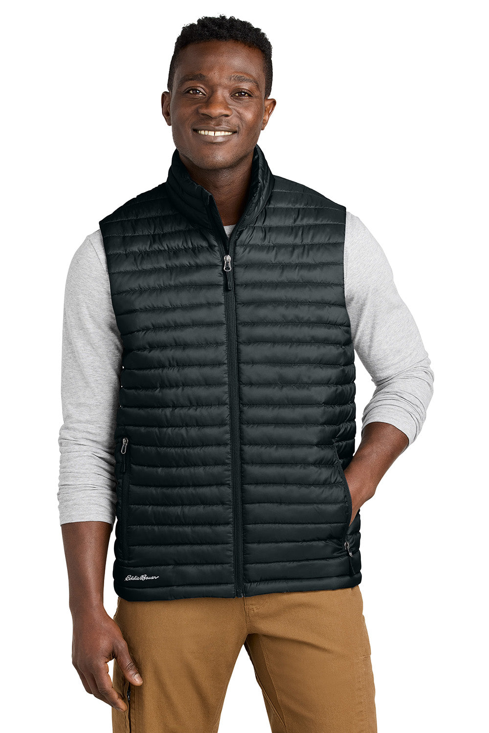 Eddie Bauer EB516 Mens Packable Quilted Full Zip Vest Black Model Front