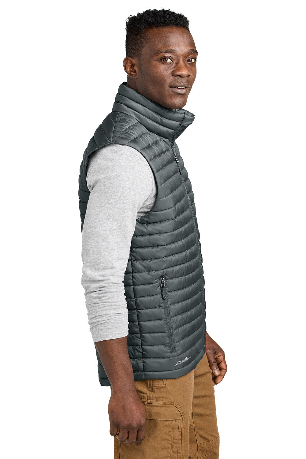 Eddie Bauer EB516 Mens Packable Quilted Full Zip Vest Metal Grey Model Side