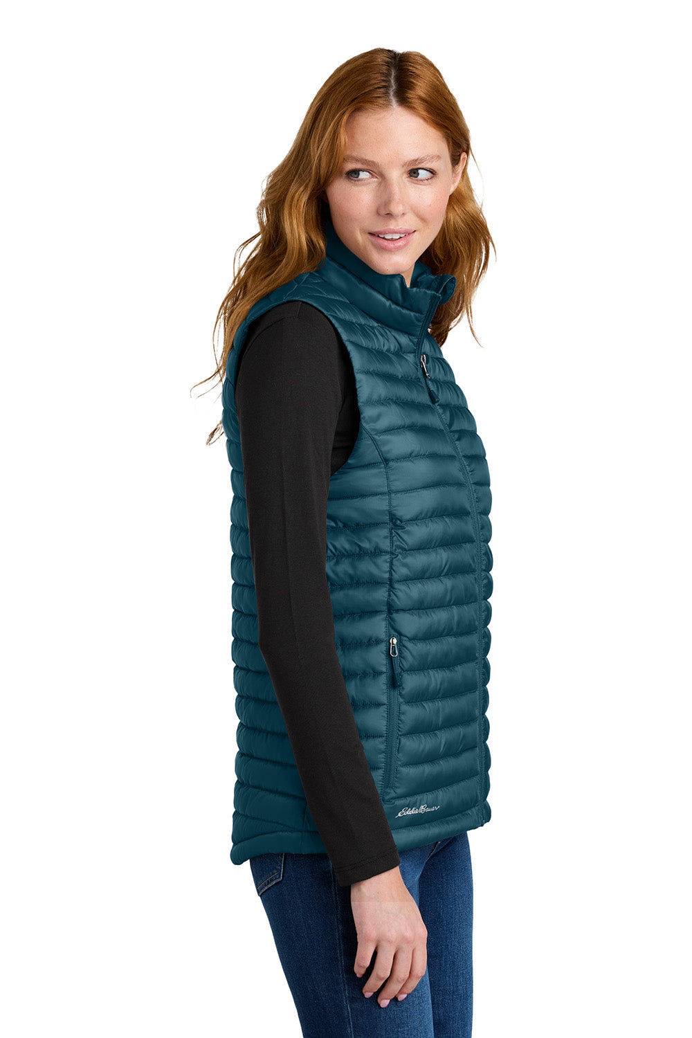 Eddie Bauer EB517 Womens Packable Quilted Full Zip Vest Adriatic Blue Model Side