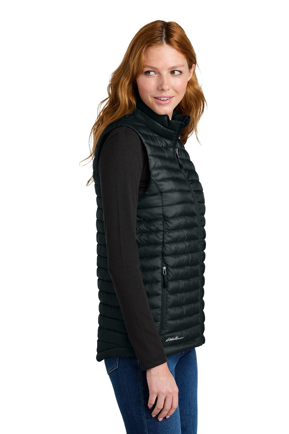 Eddie Bauer EB517 Womens Packable Quilted Full Zip Vest Black Model Side