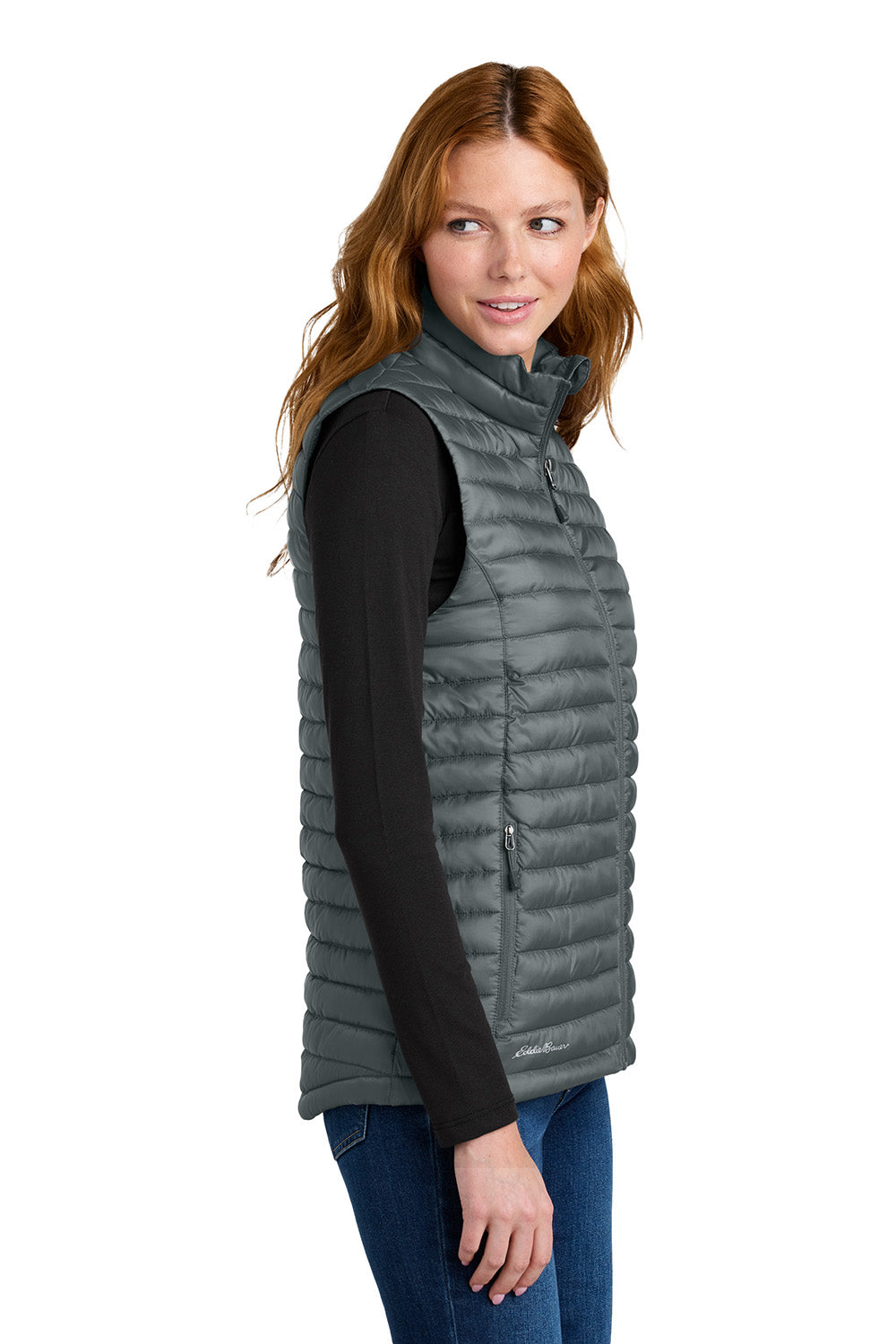 Eddie Bauer EB517 Womens Packable Quilted Full Zip Vest Metal Grey Model Side