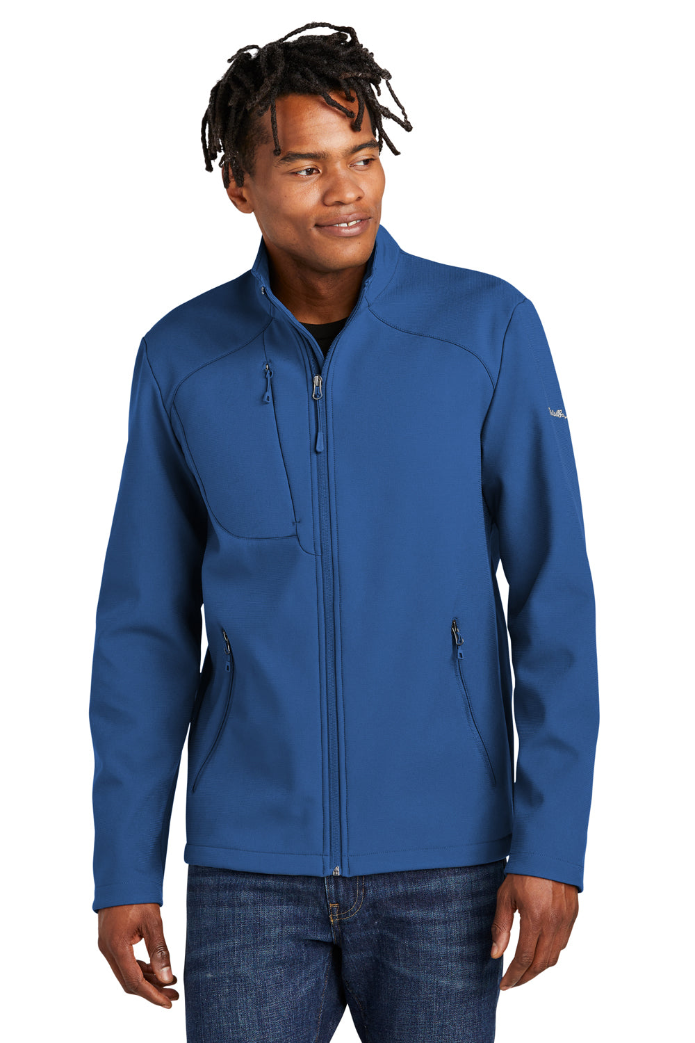 Eddie Bauer EB544 Mens Water Resistant Stretch Full Zip Soft Shell Jacket Cobalt Blue Model Front