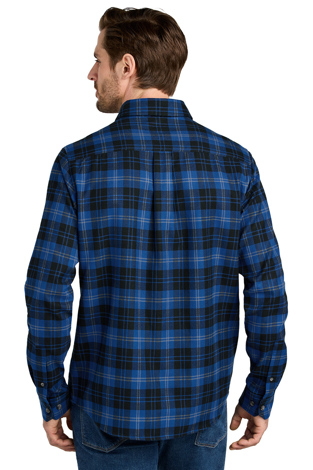 Eddie Bauer EB610 Mens Favorite Flannel Long Sleeve Button Down Shirt w/ Pocket Cobalt Blue Tartan Model Back