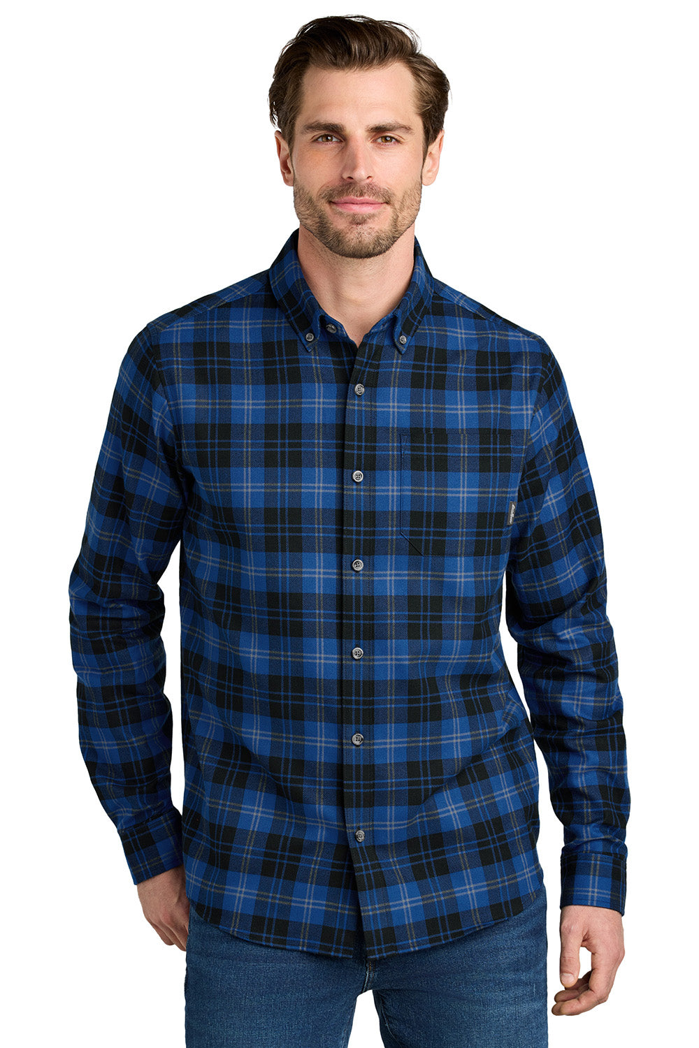 Eddie Bauer EB610 Mens Favorite Flannel Long Sleeve Button Down Shirt w/ Pocket Cobalt Blue Tartan Model Front