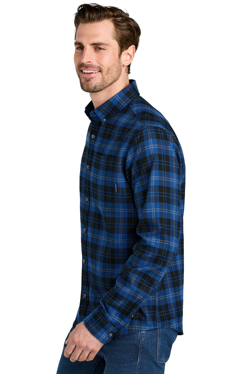 Eddie Bauer EB610 Mens Favorite Flannel Long Sleeve Button Down Shirt w/ Pocket Cobalt Blue Tartan Model Side