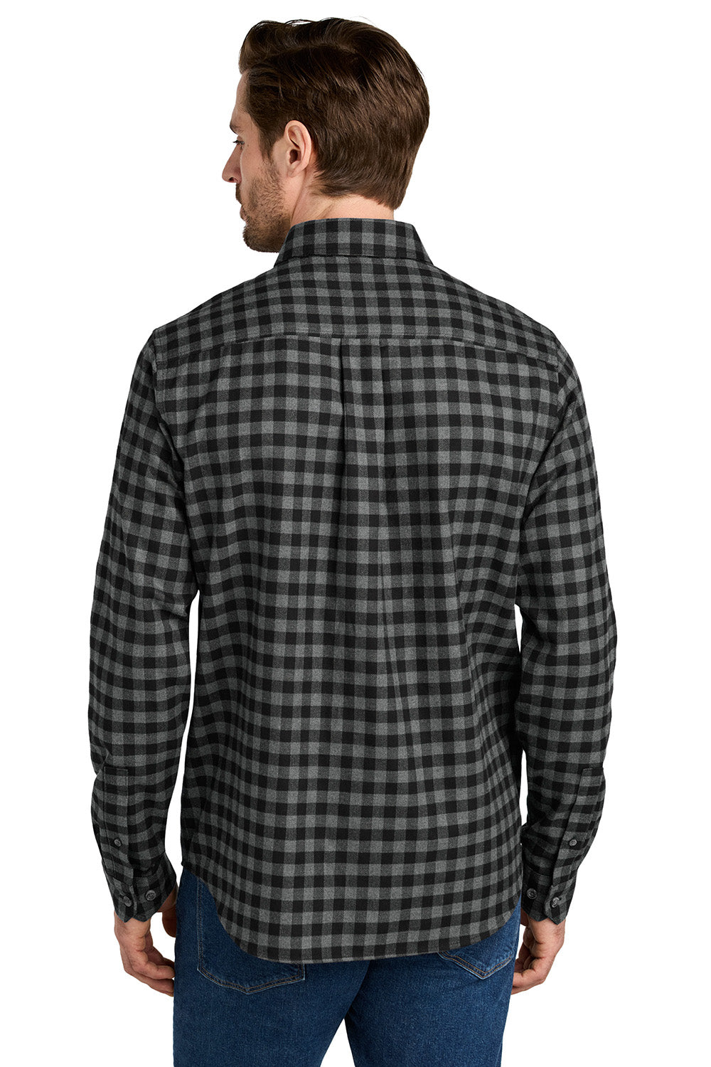 Eddie Bauer EB610 Mens Favorite Flannel Long Sleeve Button Down Shirt w/ Pocket Deep Black Mini Buffalo Model Back