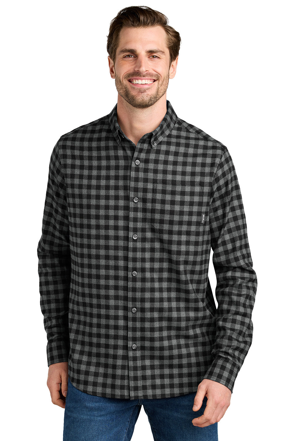 Eddie Bauer EB610 Mens Favorite Flannel Long Sleeve Button Down Shirt w/ Pocket Deep Black Mini Buffalo Model Front