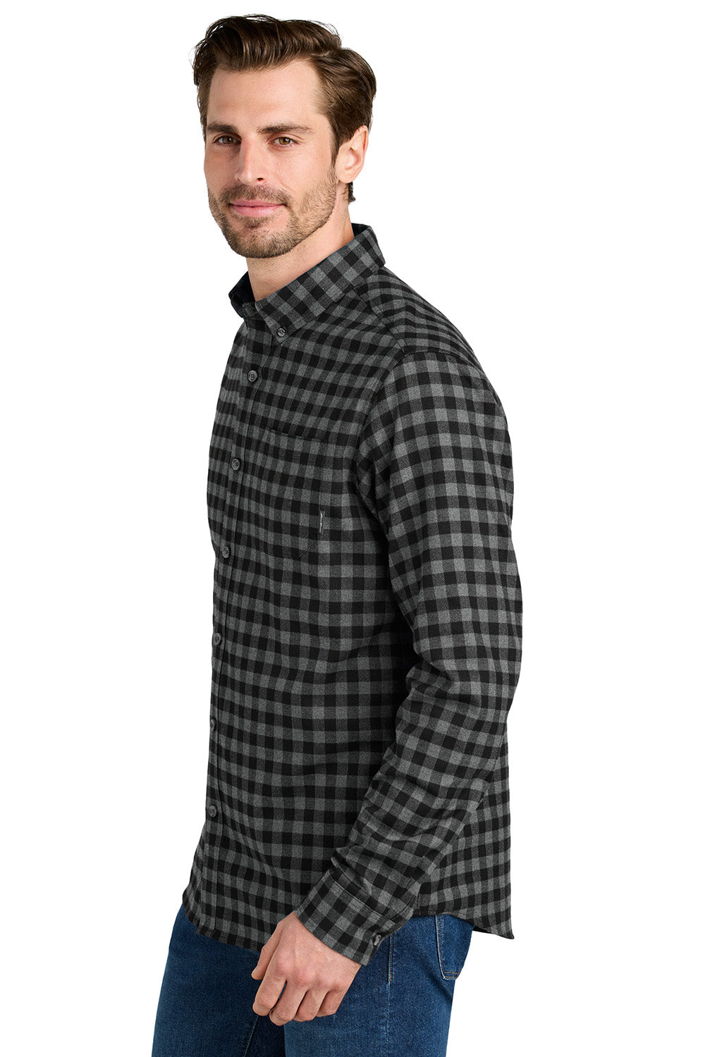 Eddie Bauer EB610 Mens Favorite Flannel Long Sleeve Button Down Shirt w/ Pocket Deep Black Mini Buffalo Model Side