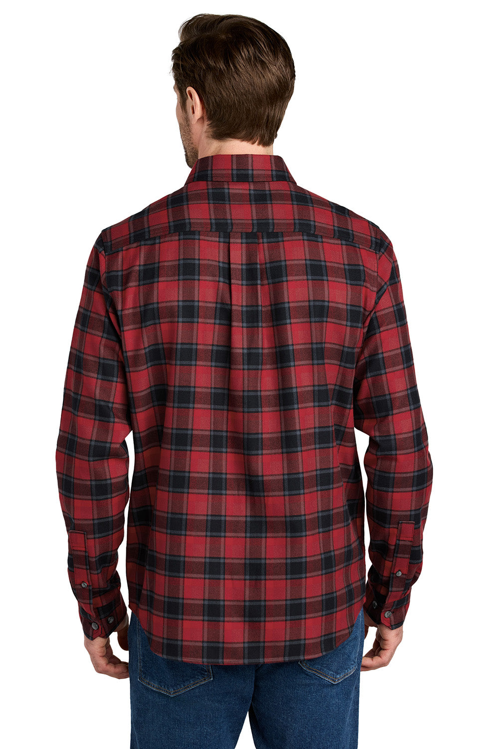 Eddie Bauer EB610 Mens Favorite Flannel Long Sleeve Button Down Shirt w/ Pocket Red Highland Plaid Model Back