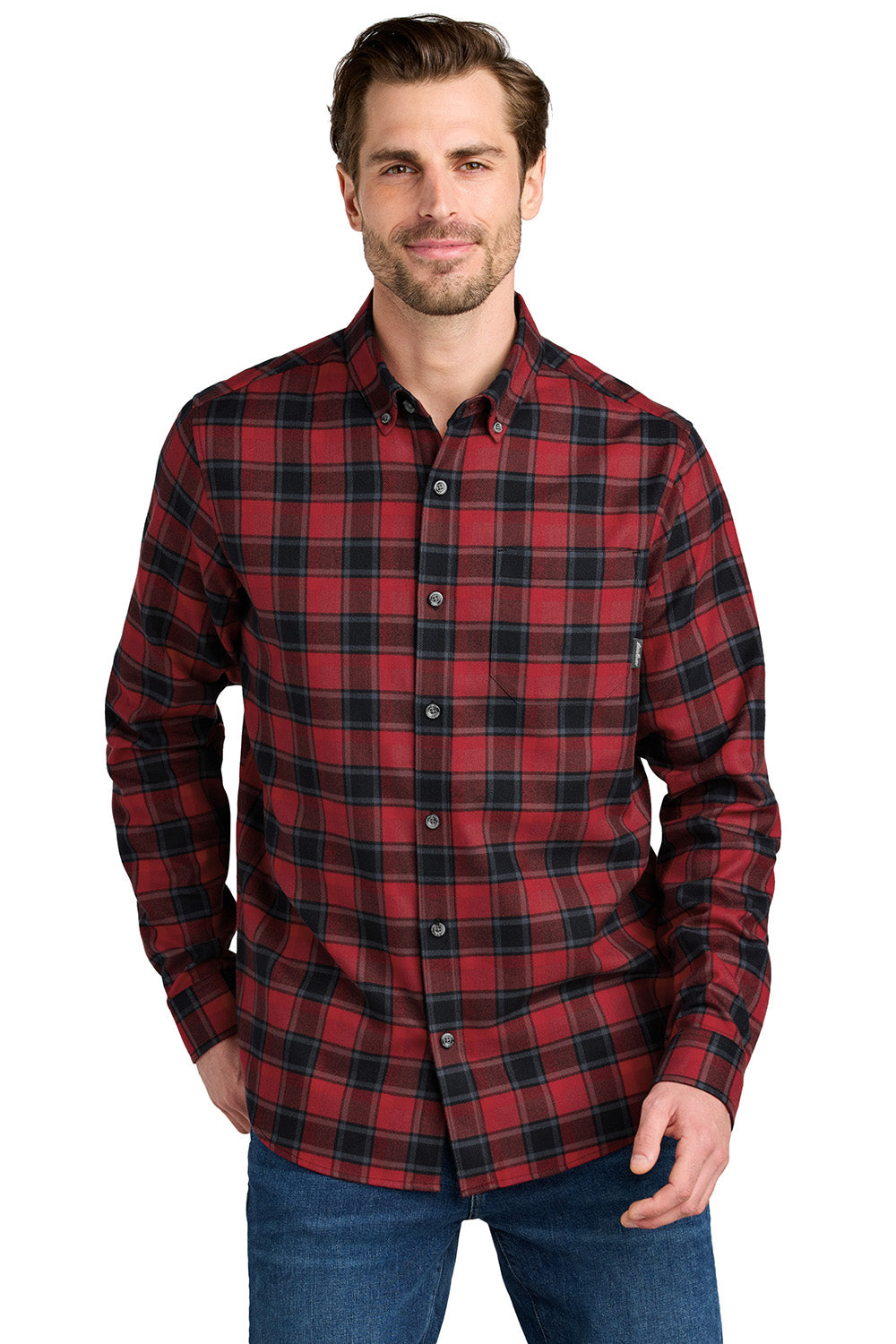 Eddie Bauer EB610 Mens Favorite Flannel Long Sleeve Button Down Shirt w/ Pocket Red Highland Plaid Model Front